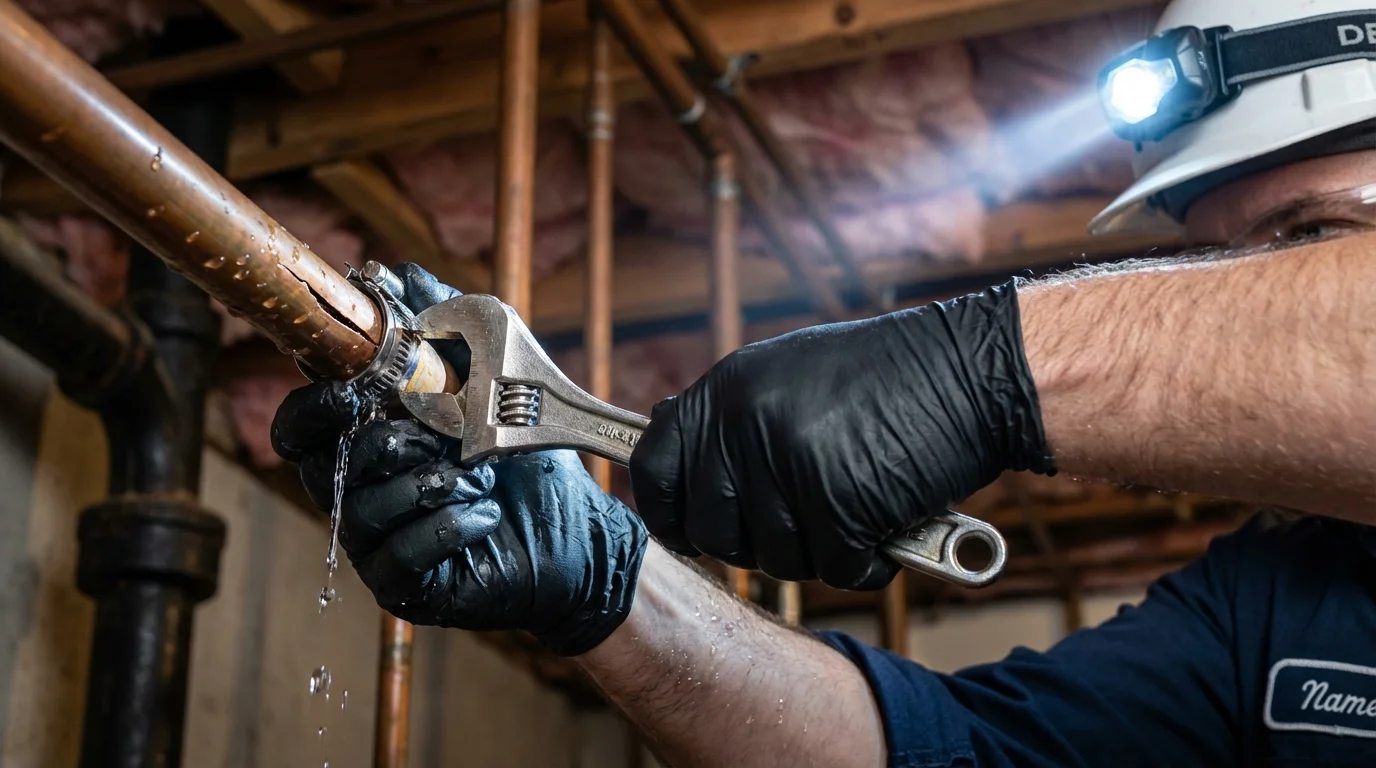 Emergency pipe clamp repair being performed by a Johns Plumbing LLC plumber in Claremore