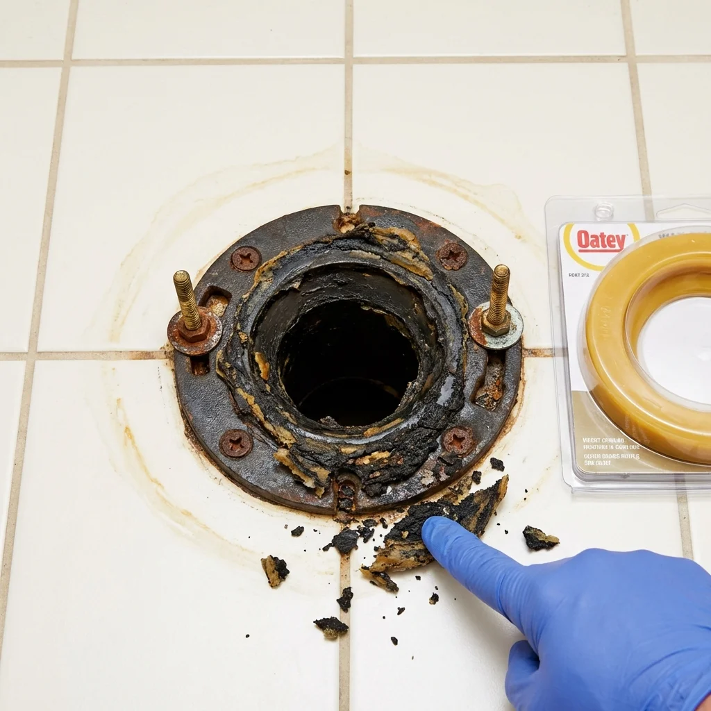 Failed wax ring showing water seepage at the base of a toilet in a Claremore, OK home