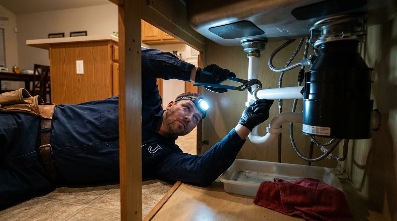 P-trap and supply line connections under a kitchen sink showing a common leak point in Claremore, OK